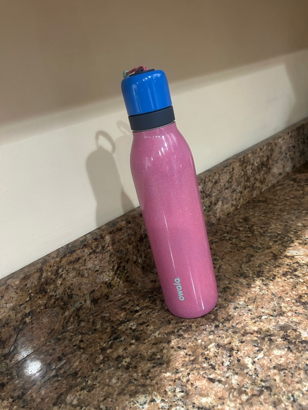 Owala Pink Sparkle Stainless Water Bottle with Blue Lid. Like new